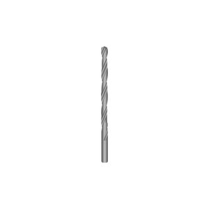 A singular silver metal drill shown vertically.