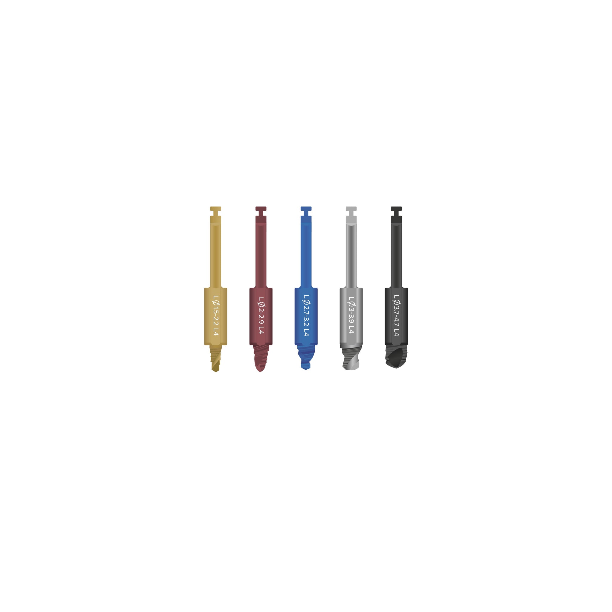 5 metal drills, all 4 millimeters long. From left to right, they are gold, maroon, blue, silver, and black.