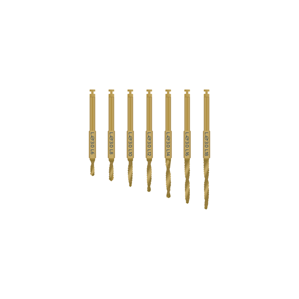 7 gold metal drills from shortest (6 millimeters) to longest (18 millimeters).
