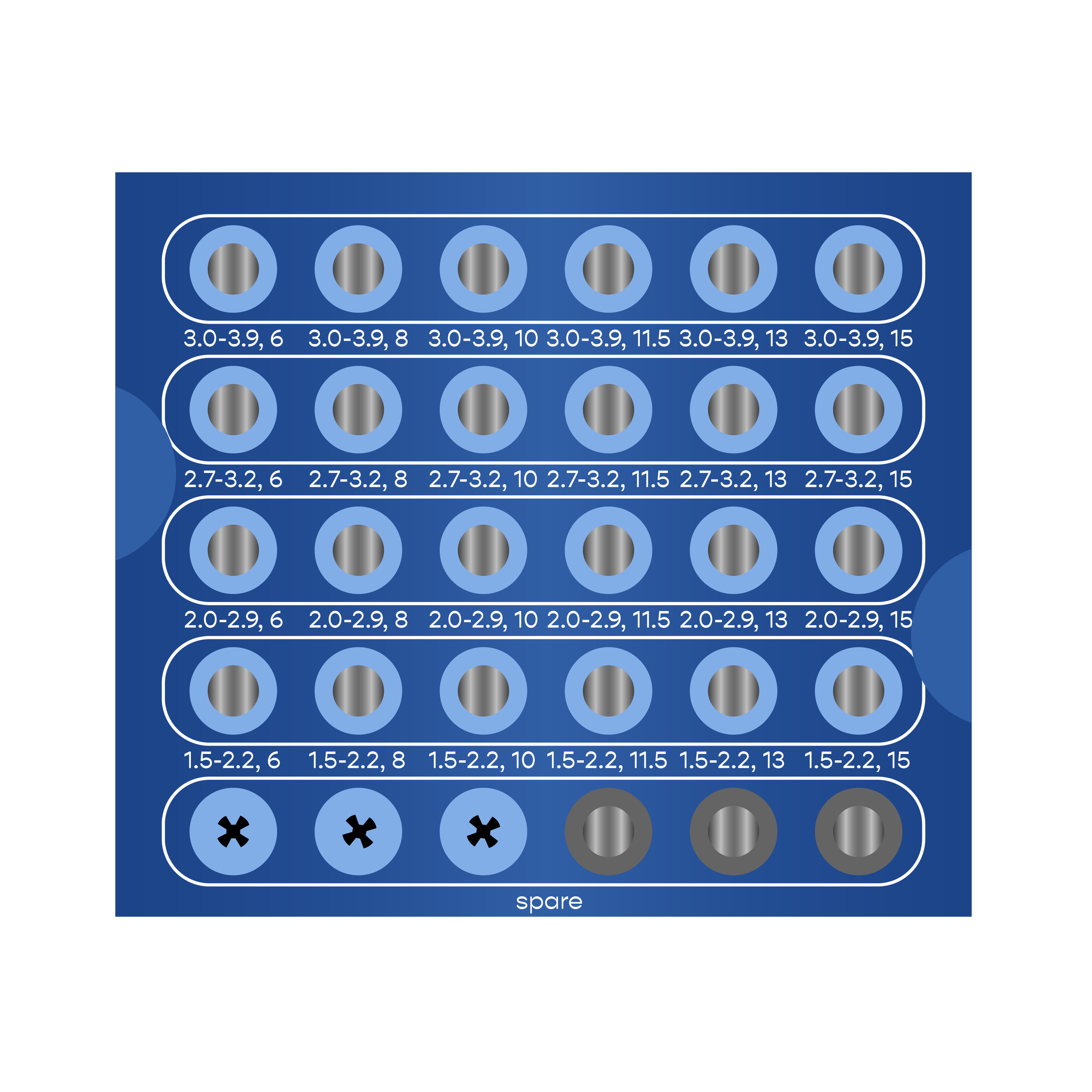 A blue square box with 5 rows of 6 drill storage slots each. The top row starts with 3.0 to 3.9 millimeter diameter drills in lengths from 6 to 15 millimeters. The bottom row ends with 1.5 to 2.2 millimeter diameter drills in lengths from 6 to 15 millimeters.