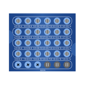 A blue square box with 5 rows of 6 drill storage slots each. The top row starts with 3.0 to 3.9 millimeter diameter drills in lengths from 6 to 15 millimeters. The bottom row ends with 1.5 to 2.2 millimeter diameter drills in lengths from 6 to 15 millimeters.