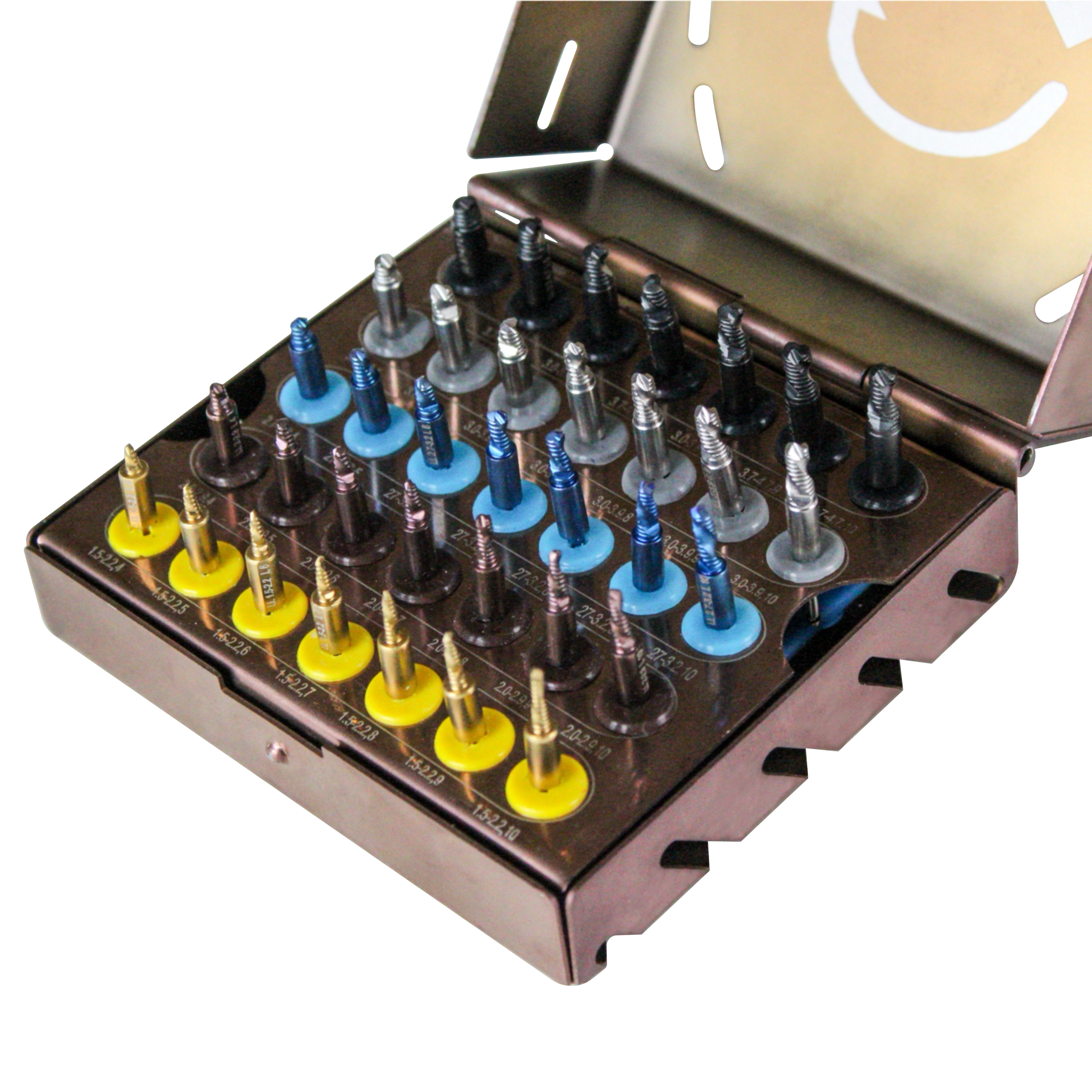 An open maroon square box with 5 color coded rows of 6 drill storage slots each. The top row starts with 3.7 to 4.7 millimeter diameter drills in lengths from 4 to 10 millimeters. The bottom row ends with 1.5 to 2.2 millimeter diameter drills in lengths from 4 to 10 millimeters.