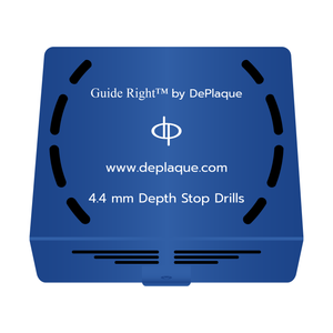 A blue square metal box. The box says ‘Guide Right™ by DePlaque, a ‘dp’ logo, ‘www.deplaque.com,’ and 4.4 millimeter Depth Stop Drills.
