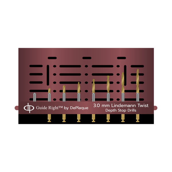 A maroon rectangular metal box with 7 sizes of gold drills. The box says ‘Guide Right™ by DePlaque, 3.0 millimeter Lindemann Depth Stop Drills. There is one spare spot.