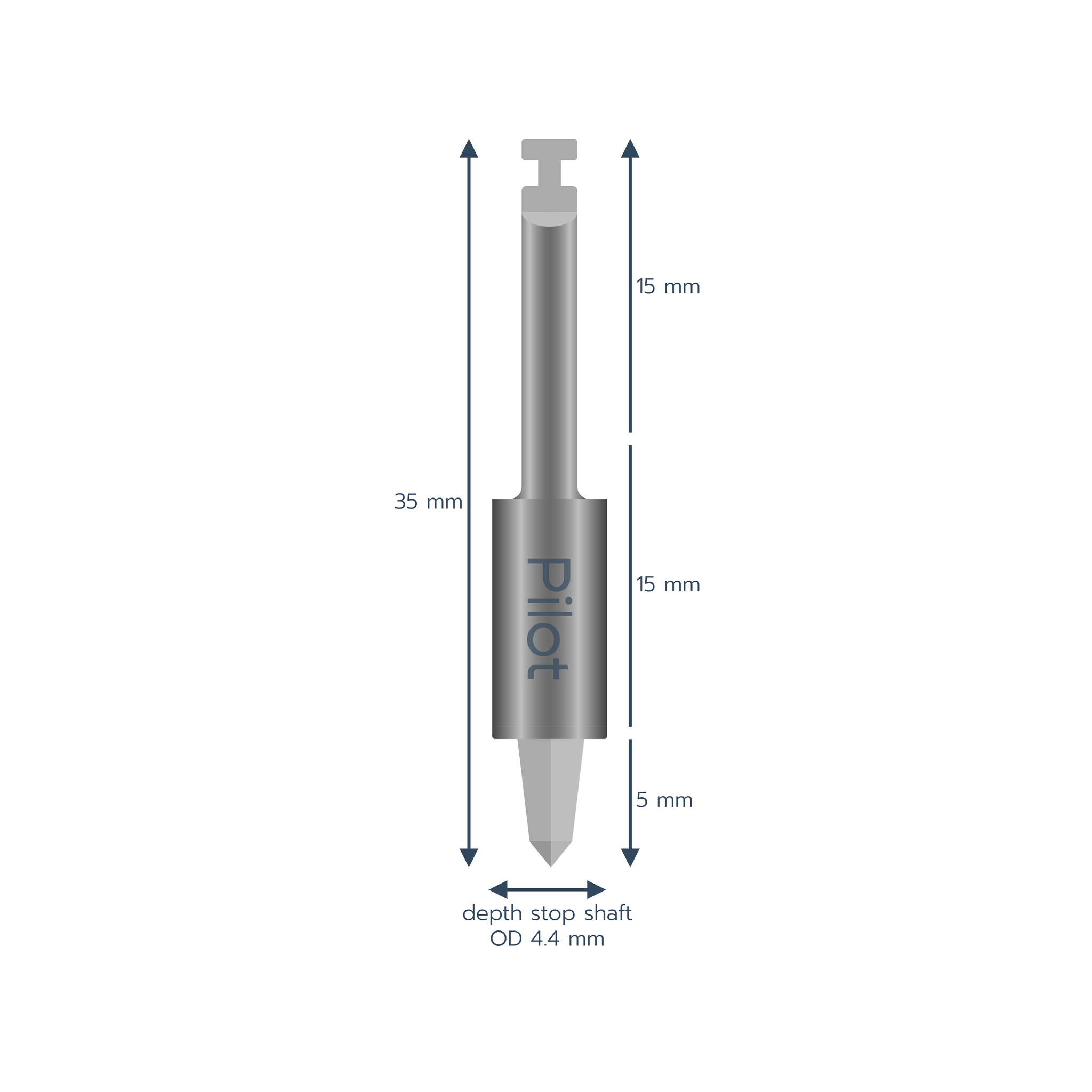 A silver metal drill with the label ‘Pilot’ on the front, labeled 35 millimeters long and an OD of 4.4 millimeters.