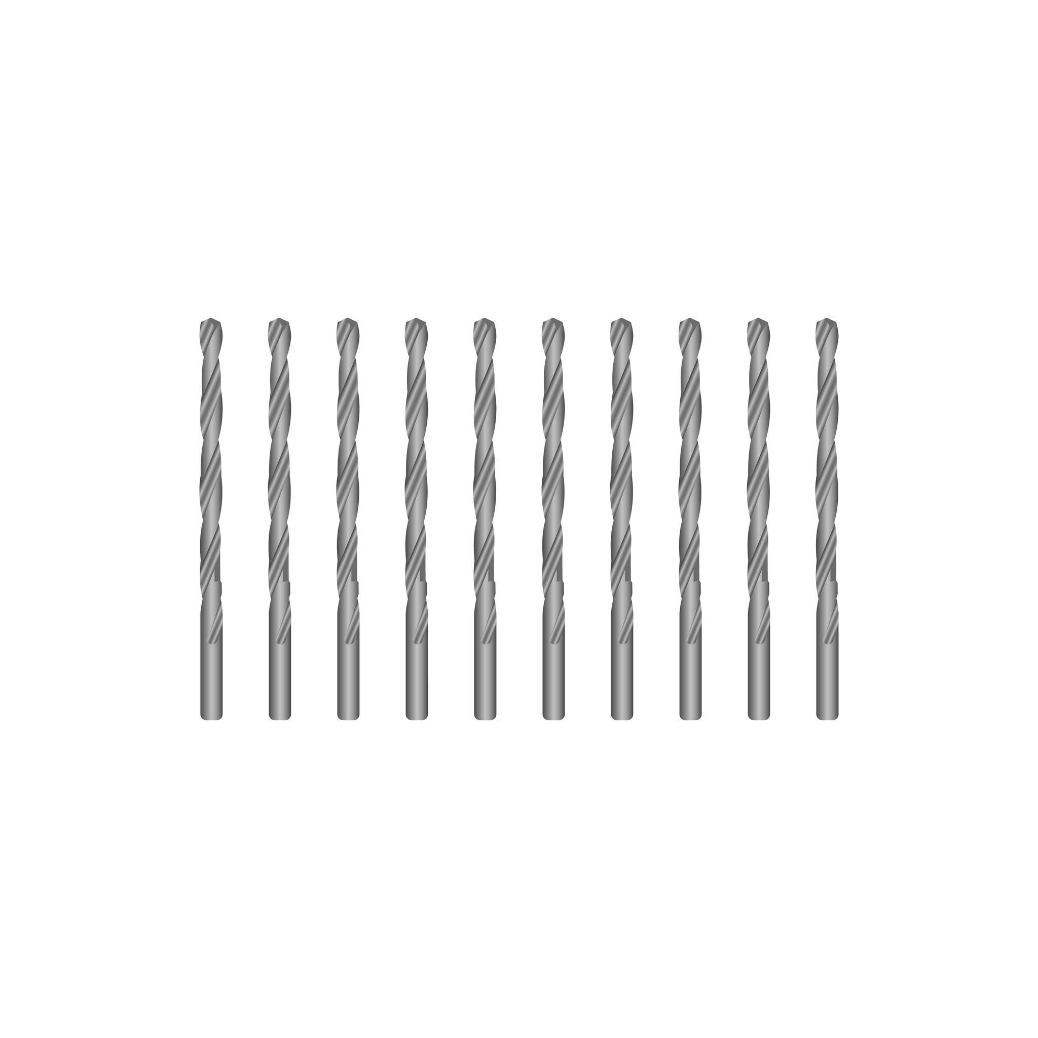 10 silver metal drills displayed in a line.