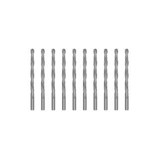 10 silver metal drills displayed in a line.