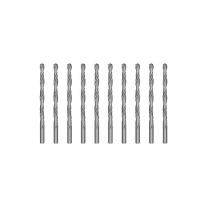 10 silver metal drills displayed in a line.