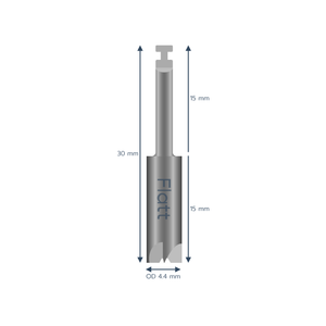 A silver metal drill with the label ‘Flatt’ on the front, labeled 30 millimeters long and an OD of 4.4 millimeters.