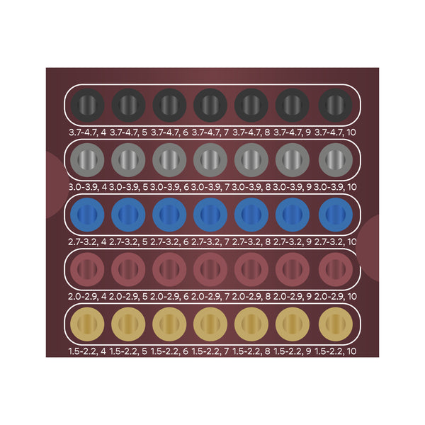 A maroon square box with 5 color coded rows of 7 drill storage slots each. The top row starts with 3.7 to 4.7 millimeter diameter drills in lengths from 4 to 10 millimeters. The bottom row ends with 1.5 to 2.2 millimeter diameter drills in lengths from 4 to 10 millimeters.