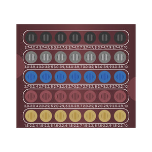 A maroon square box with 5 color coded rows of 7 drill storage slots each. The top row starts with 3.7 to 4.7 millimeter diameter drills in lengths from 4 to 10 millimeters. The bottom row ends with 1.5 to 2.2 millimeter diameter drills in lengths from 4 to 10 millimeters.