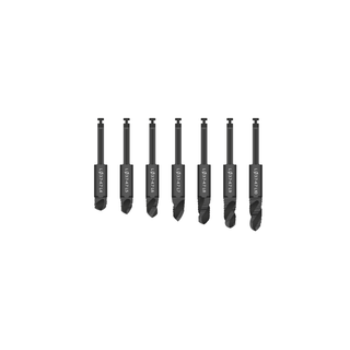 7 black metal drills from shortest (4 millimeters) to longest (10 millimeters).
