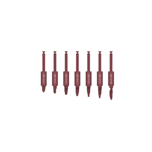 7 maroon metal drills from shortest (4 millimeters) to longest (10 millimeters).