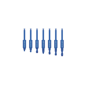 7 blue metal drills from shortest (4 millimeters) to longest (10 millimeters).