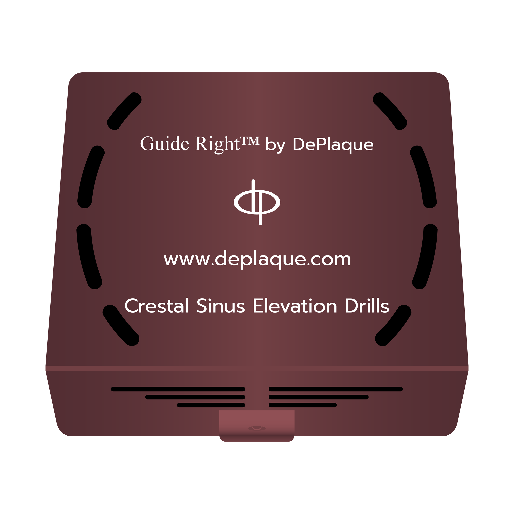 A maroon square metal box. The box says ‘Guide Right™ by DePlaque, a ‘dp’ logo, ‘www.deplaque.com,’ and Crestal Sinus Elevation Drills.