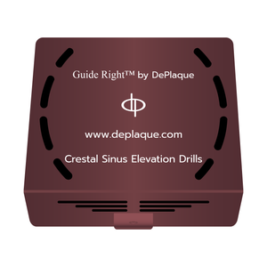A maroon square metal box. The box says ‘Guide Right™ by DePlaque, a ‘dp’ logo, ‘www.deplaque.com,’ and Crestal Sinus Elevation Drills.
