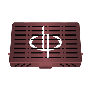 A maroon rectangular metal box with a white ‘dp’ on the lid.