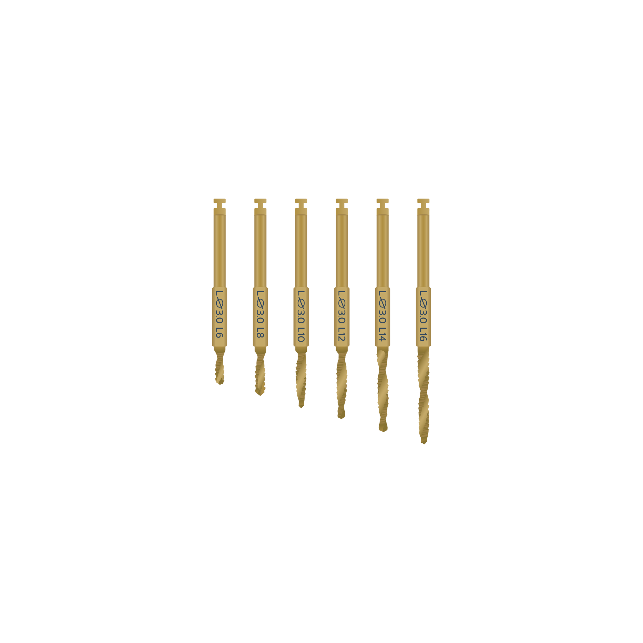 6 gold metal drills from shortest (6 millimeters) to longest (16 millimeters).