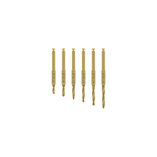 6 gold metal drills from shortest (6 millimeters) to longest (16 millimeters).