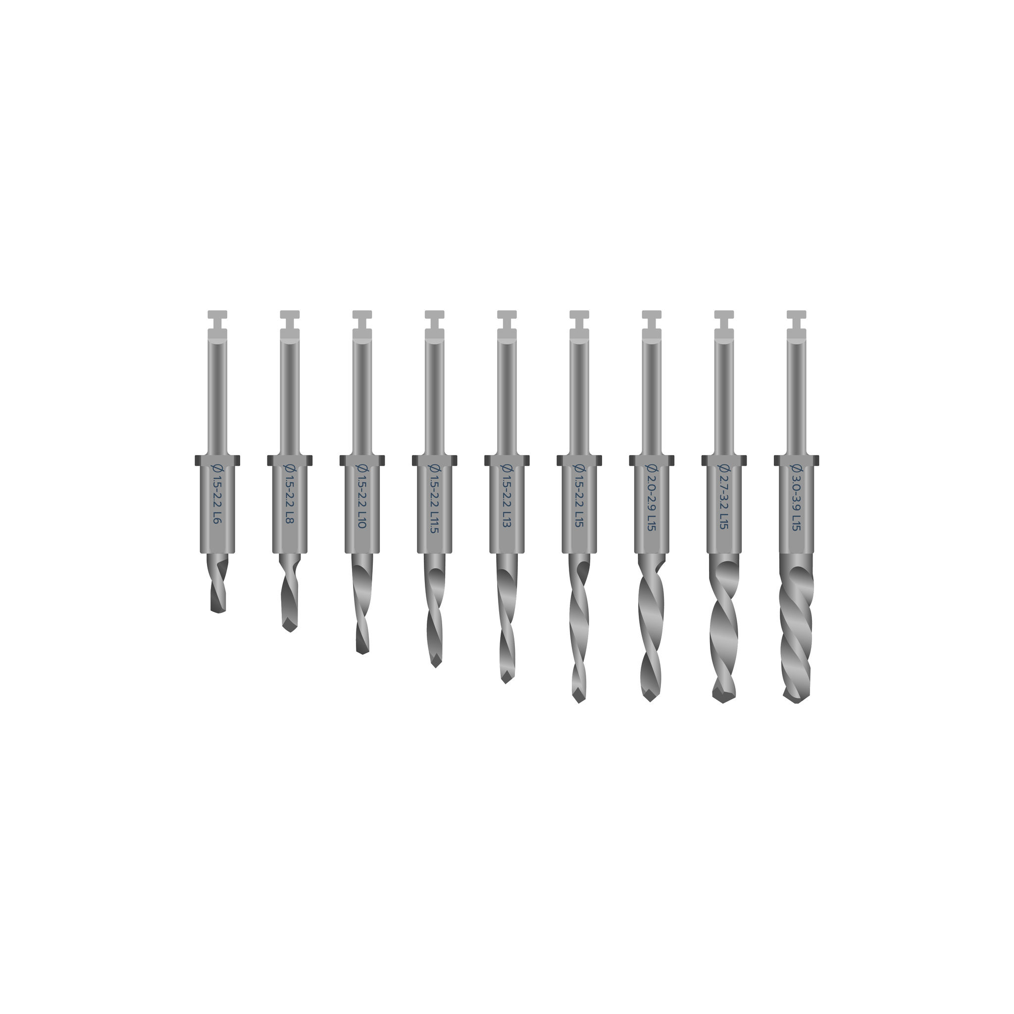 9 silver metal drills from shortest (6 millimeters) to longest (15 millimeters).