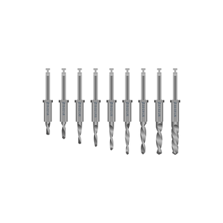 9 silver metal drills from shortest (6 millimeters) to longest (15 millimeters).