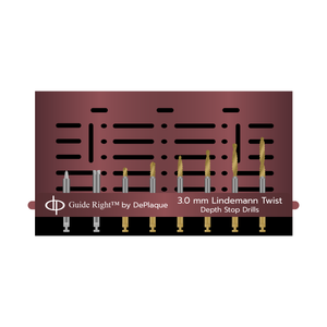 A maroon rectangular metal box with 8 sizes of gold drills. The box says ‘Guide Right™ by DePlaque, 3.0 millimeter Lindemann Depth Stop Drills.