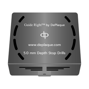 A silver square metal box. The box says ‘Guide Right™ by DePlaque, a ‘dp’ logo, ‘www.deplaque.com,’ and 5.0 millimeter Depth Stop Drills.