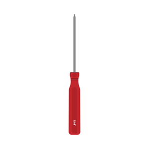 A hex driver with a red handle and a 5/64 inch label.