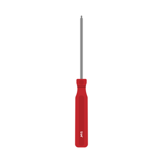 A hex driver with a red handle and a 5/64 inch label.