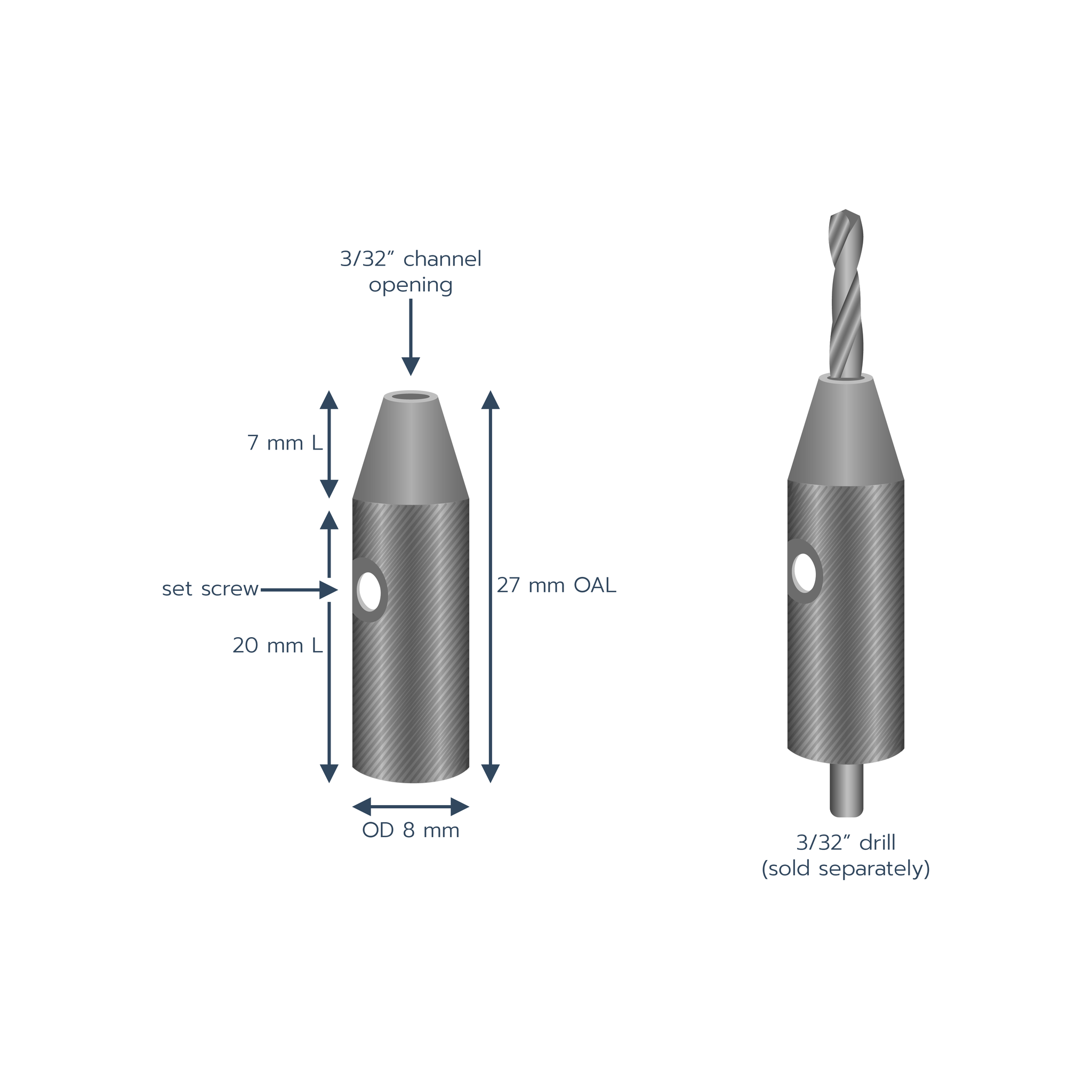 A silver metal cylinder with a circular cut out. The top is cone shaped with a square tip. The cylinder is 20 millimeters long with an OD of 8 millimeters, and the cone is 7 millimeters long. There is a 3/32 inch channel opening.