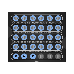 A black square box with 5 rows of 6 drill storage slots each. The top row starts with 3.4 to 4.3 millimeter diameter drills in lengths from 6 to 15 millimeters. The bottom row ends with 1.5 to 2.2 millimeter diameter drills in lengths from 6 to 15 millimeters.