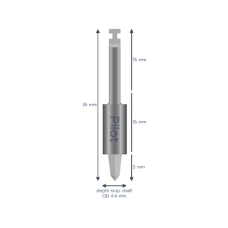 A silver metal drill with the label ‘Pilot’ on the front, labeled 35 millimeters long and an OD of 4.4 millimeters.