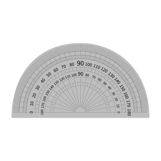A half circle protractor with 0 degrees on the left, 90 degrees in the middle, and 180 degrees on the right.