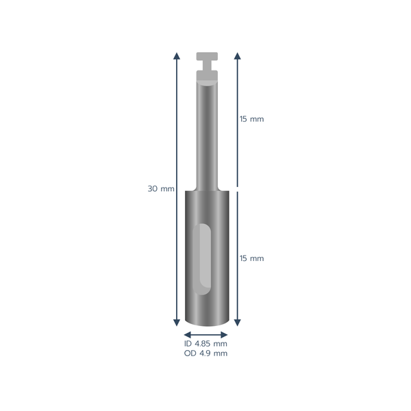 A silver metal drill with a curved rectangle notch, labeled 30 mm long and an ID of 4.85 millimeters and an OD of 4.9 millimeters.