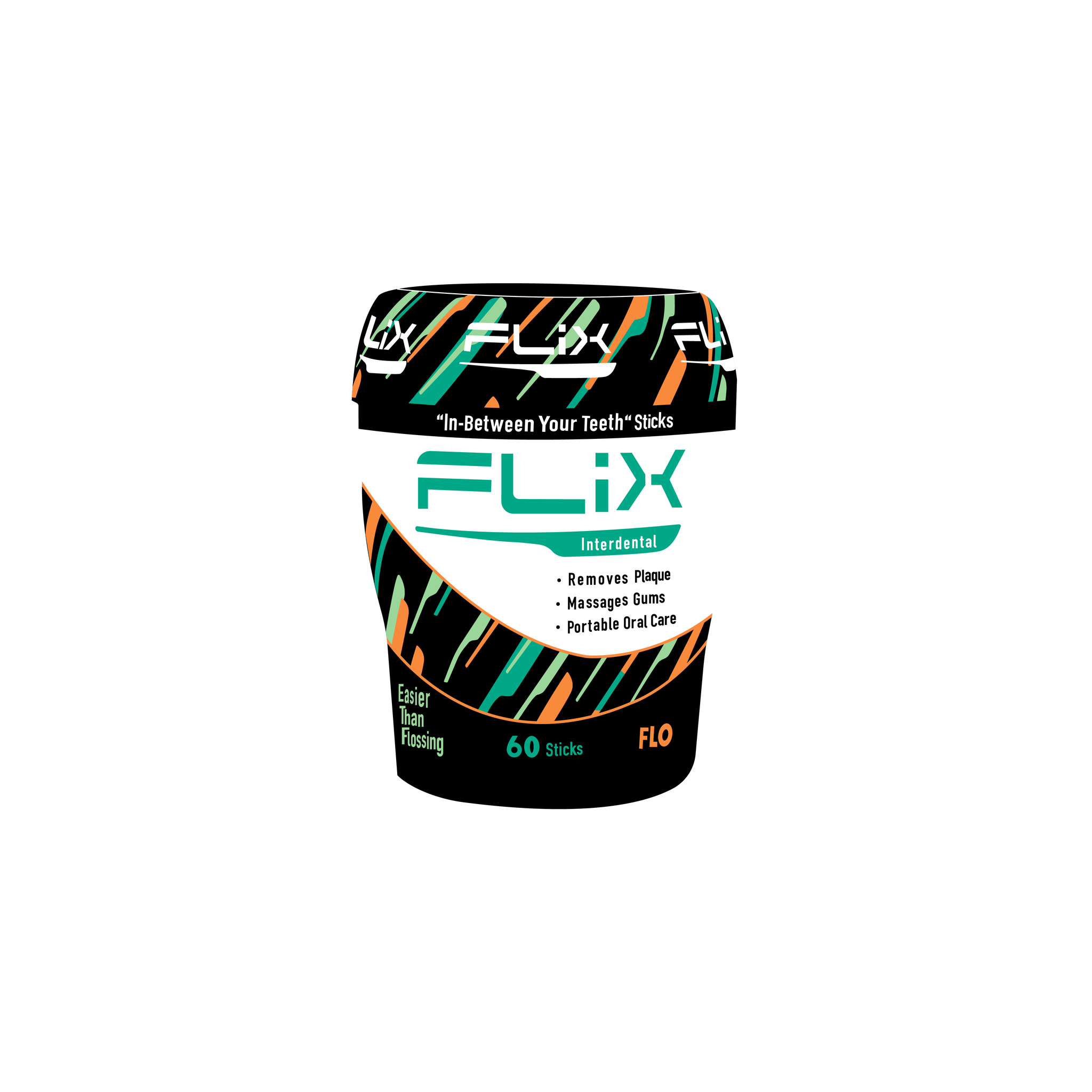 Container of FLIX interdental “in between your teeth” sticks with a green and orange stick pattern. Container advertises FLIX “removes plaque, massages gums, and is portable oral care,” and that there are 60 sticks in the container.