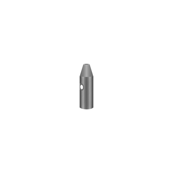 A silver metal cylinder with a circular cut out. The top is cone shaped with a square tip.