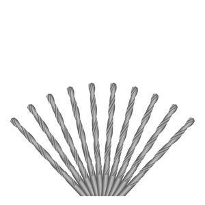 10 silver metal drills displayed in a fan pattern.