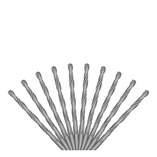 10 silver metal drills displayed in a fan pattern.
