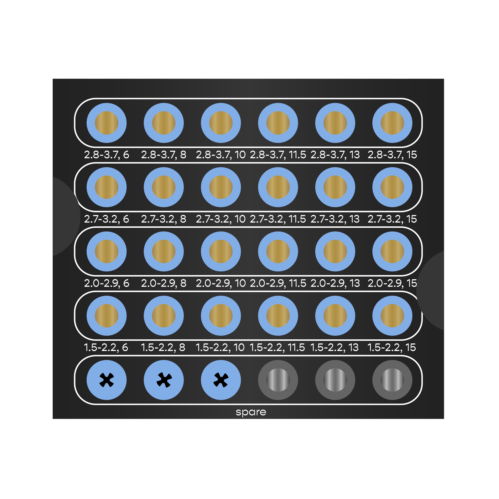 A black square box with 5 rows of 6 drill storage slots each. The top row starts with 2.8 to 3.7 millimeter diameter drills in lengths from 6 to 15 millimeters. The bottom row ends with 1.5 to 2.2 millimeter diameter drills in lengths from 6 to 15 millimeters.