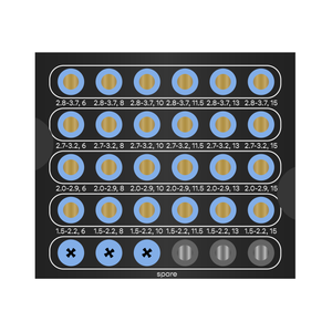 A black square box with 5 rows of 6 drill storage slots each. The top row starts with 2.8 to 3.7 millimeter diameter drills in lengths from 6 to 15 millimeters. The bottom row ends with 1.5 to 2.2 millimeter diameter drills in lengths from 6 to 15 millimeters.