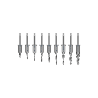 9 silver metal drills from shortest (6 millimeters) to longest (15 millimeters).