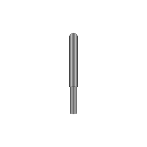 A hollow metal cylinder with a stepped notch with a curved top and a thinner bottom third.