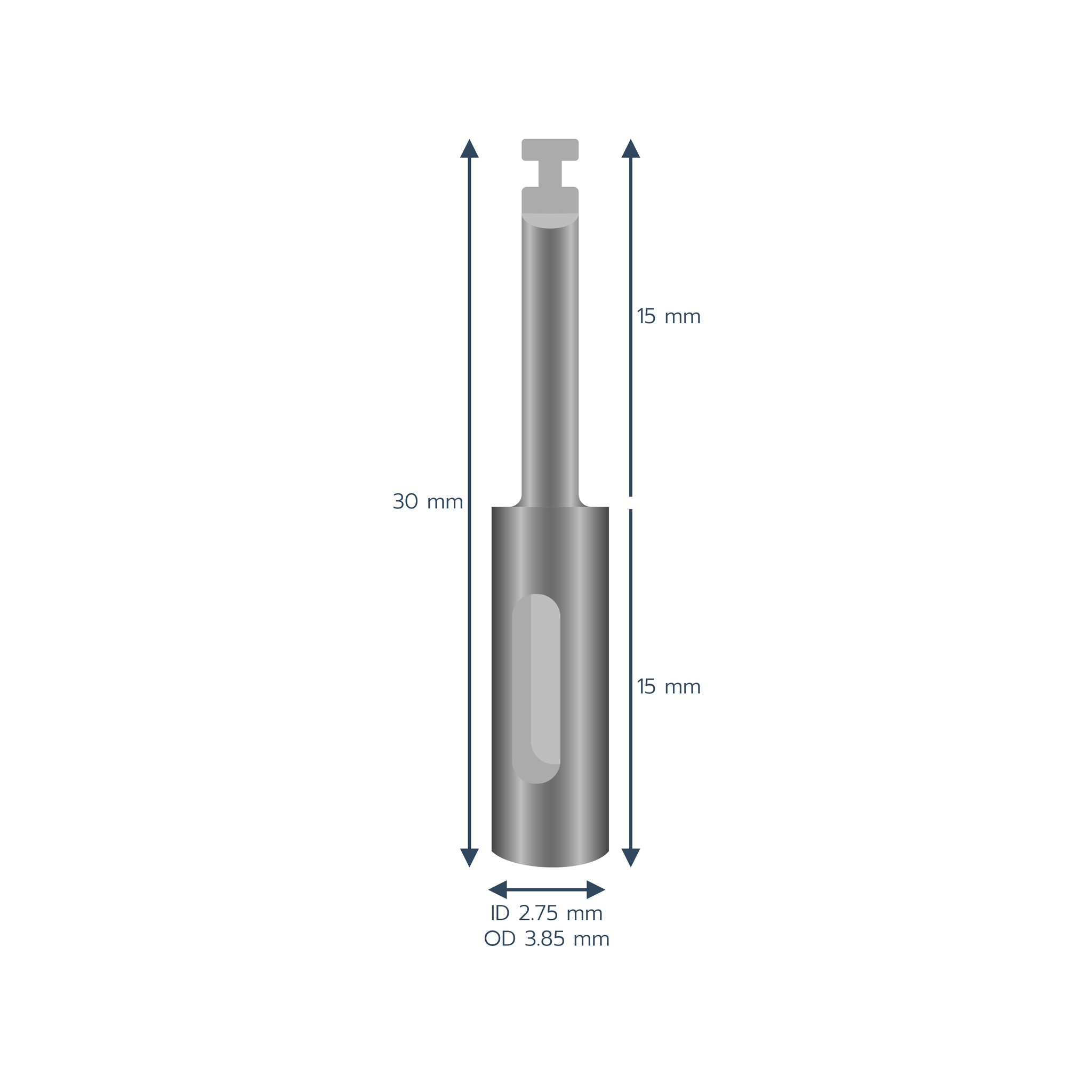 A silver metal drill with a curved rectangular notch in the center, labeled 30 millimeters long, an ID of 2.75 millimeters and an OD of 3.8 millimeters.