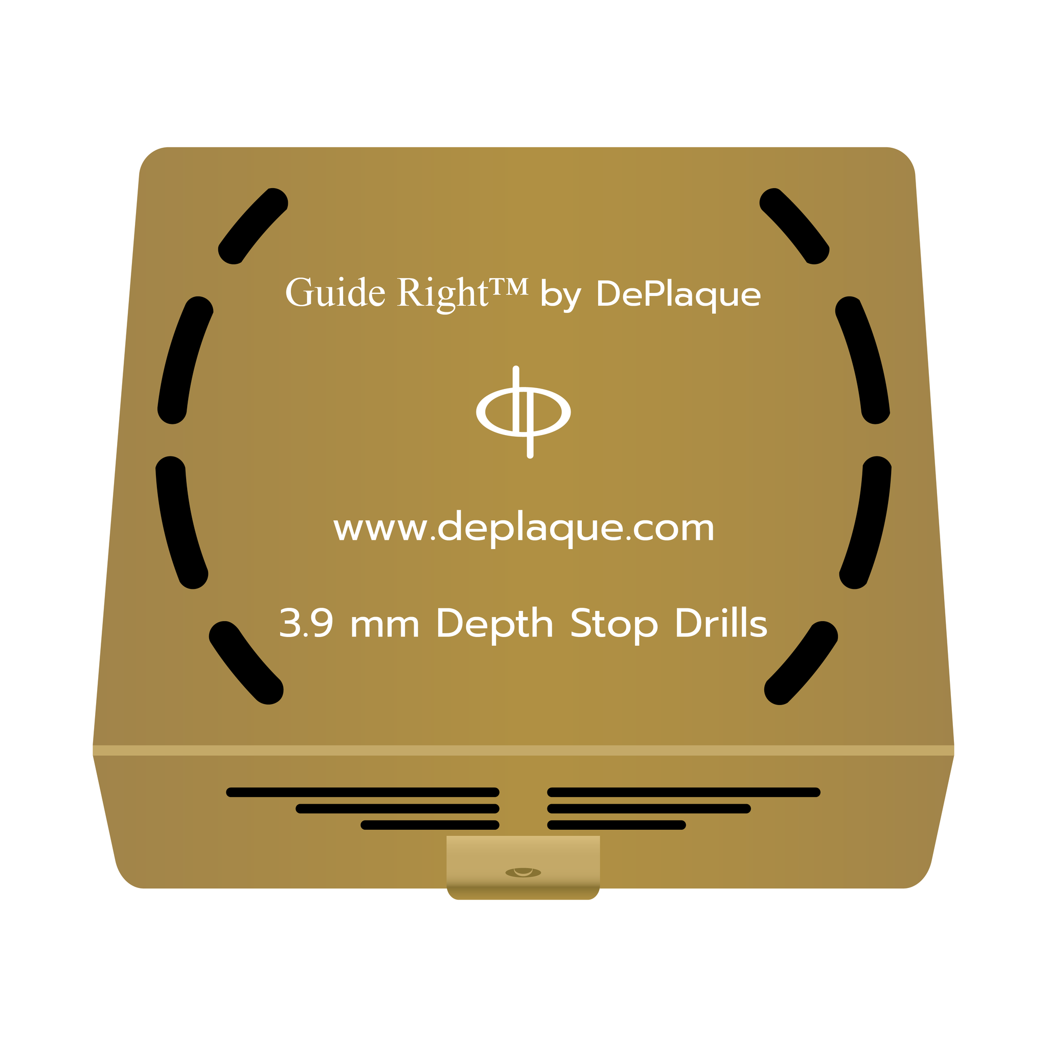 A gold square metal box. The box says ‘Guide Right™ by DePlaque, a ‘dp’ logo, ‘www.deplaque.com,’ and 3.9 millimeter Depth Stop Drills.