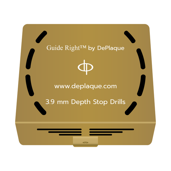 A gold square metal box. The box says ‘Guide Right™ by DePlaque, a ‘dp’ logo, ‘www.deplaque.com,’ and 3.9 millimeter Depth Stop Drills.